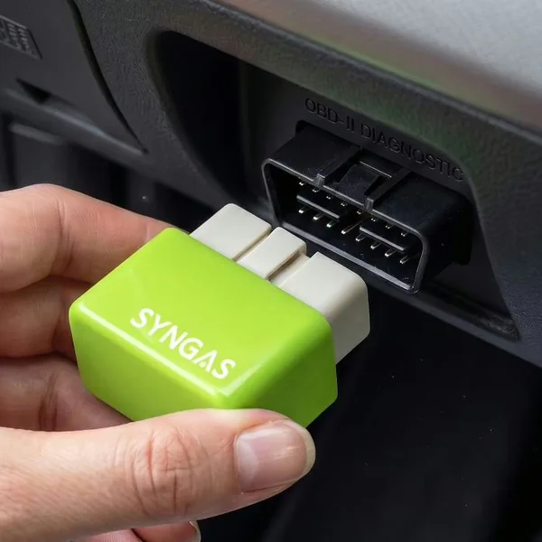 SynGas obd fuel saver being plugged into a car OBD2 port